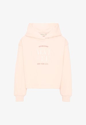 Jasnoróżowa krótka bluza z kapturem i długimi rękawami, z napisem "Established Calvin Klein New York City" na przodzie w kolorze białym i czerwonym.