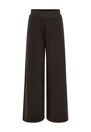 Ciemnobrązowe spodnie o szerokich nogawkach z elastycznym paskiem, wykonane z miękkiego materiału, prezentowane na białym tle.