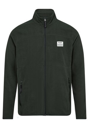 Musta vihreä vetoketjullinen fleece-takki korkealla kauluksella, kahdella edessä olevalla vetoketjulla varustetulla taskulla ja pienellä brändätillä etumuksessa. Pehmeä rakenne.