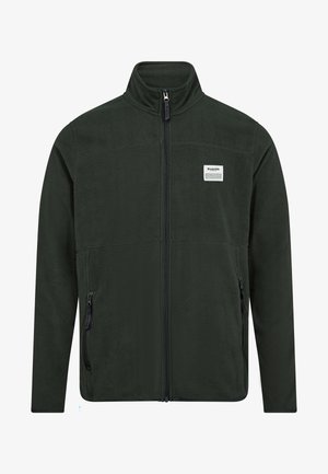 Mørkegrøn fleecejakke med lynlås og høj krave, to frontlomme med lynlås og et lille mærke på brystet. Blød tekstur.