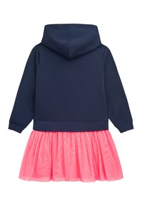 Hoodie-Kleid mit einem oberteil aus navy-baumwolle und einem rosa tüllrock. Verfügt über lange Ärmel und einen gerafften Rock für zusätzlichen Volumen.