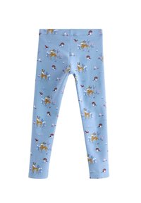 Blå leggings i mjukt tyg, med ett mönster av hjortar, blommor och svamp i olika färger. Stretchig passform utan knäppningar.