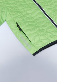 Giacca trapuntata verde con zip nera, caratterizzata da una superficie texturizzata e cuciture visibili. Include un logo sulla manica.