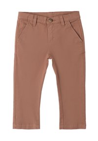 Brązowe spodnie bawełniane w składzie mieszanym o prostym kroju, z dwoma przednimi kieszeniami i pojedynczym zapięciem na guzik w talii.