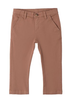 Pantalons en mélange de coton marron avec une coupe droite, dotés de deux poches avant et d'une fermeture à un bouton à la taille.