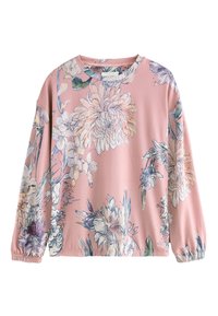 Sweat-shirt à manches longues roses à motifs floraux style aquarelle, col rond côtelé et poignets froncés pour une coupe décontractée.