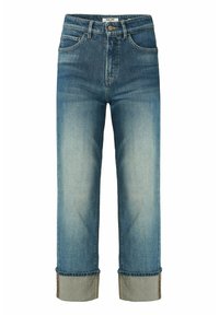 Jeans de mezclilla en un lavado azul medio con corte recto, que cuentan con un dobladillo doblado y diseño de cinco bolsillos, asegurados con un cierre de botón.