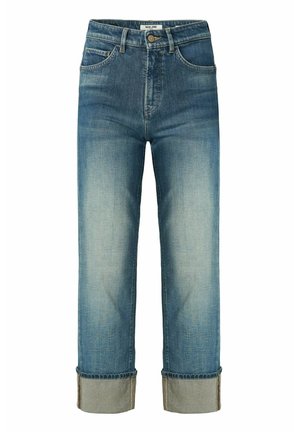 Jean en denim de couleur bleu moyen avec une coupe droite, dotés d'un ourlet replié et d'un design à cinq poches, maintenus par un bouton de fermeture.