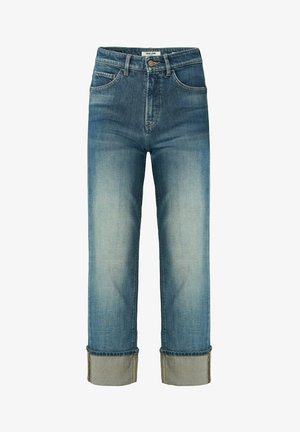 Jean en denim de couleur bleu moyen avec une coupe droite, dotés d'un ourlet replié et d'un design à cinq poches, maintenus par un bouton de fermeture.