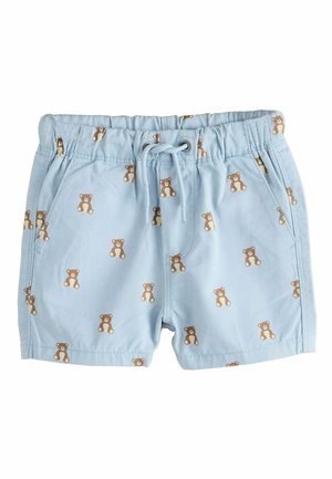 Light blue toddler shorts with an elastic waist, drawstring, side pockets, and a repeating brown teddy bear pattern.