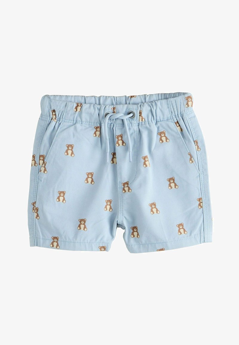 Jasnoniebieskie krótkie spodenki dla malucha z elastyczną talią, sznurkiem do wiązania, bocznymi kieszeniami oraz powtarzającym się wzorem brązowego misia.