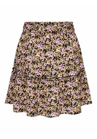 Gonna nera a fiori con fiori rosa e gialli, elastico in vita arricciato, orlo ondulato e tessuto leggero. Presenta delle balze sovrapposte.