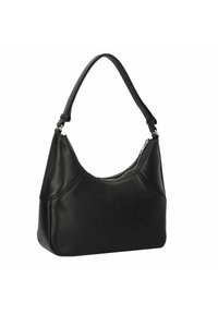 Borsa a spalla in pelle nera con forma curvata, dotata di chiusura con zip, tracolla regolabile e superficie liscia.