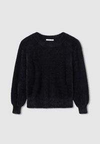 Czarny puszysty sweter z okrągłym dekoltem, długimi bufkami i prążkowanym dołem. Wykonany z miękkiego, teksturowanego materiału. Widoczna metka rozmiaru.