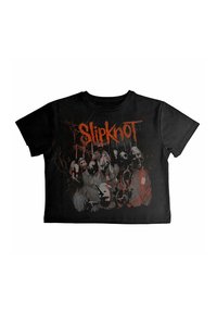 Black cotton T-shirt featuring a graphic print of the band Slipknot in red and grey tones. Short sleeves and round neck, cropped design.