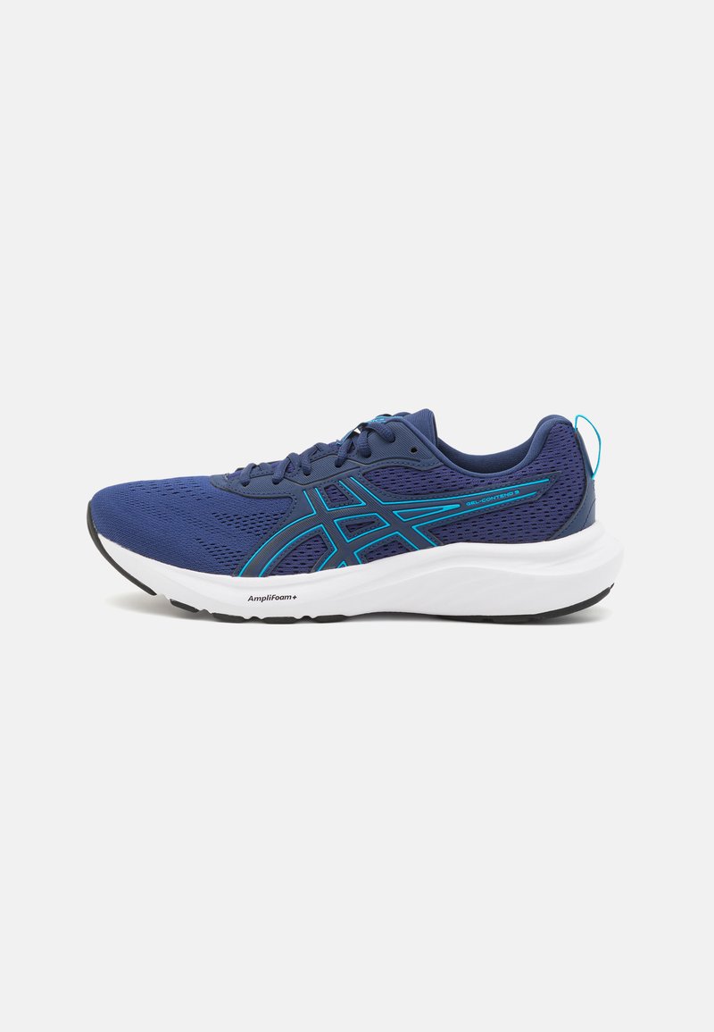 Pantofi sport navy cu un superior din plasă, accente turcoaz, suprafață texturată și o talpă albă cu amortizare etichetată "Amplifoam+".