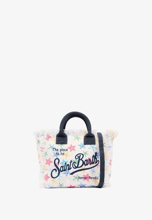 Canvas tas met meerkleurige zeesterrenpatronen, zwarte handvatten en tekst "The place to be Saint Barth Summer Paradise."