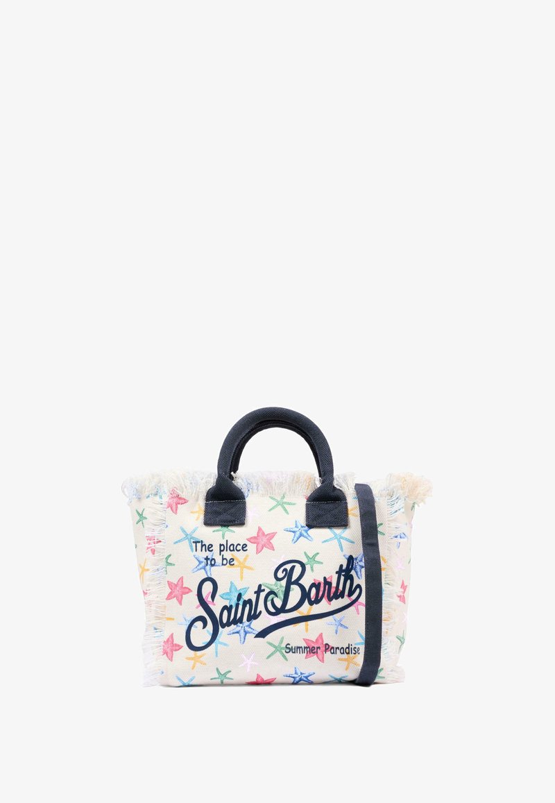 Sac fourre-tout en toile avec des motifs d'étoiles de mer multicolores, poignées noires et texte « The place to be Saint Barth Summer Paradise. »