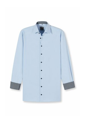 Hellblaues Langarmhemd mit klassischem Kragen, schwarzen Knöpfen und gemusterten dunklen Manschetten. Glattes Gewebe mit maßgeschneidertem Design.