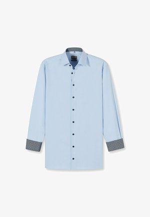 Hellblaues Langarmhemd mit klassischem Kragen, schwarzen Knöpfen und gemusterten dunklen Manschetten. Glattes Gewebe mit maßgeschneidertem Design.