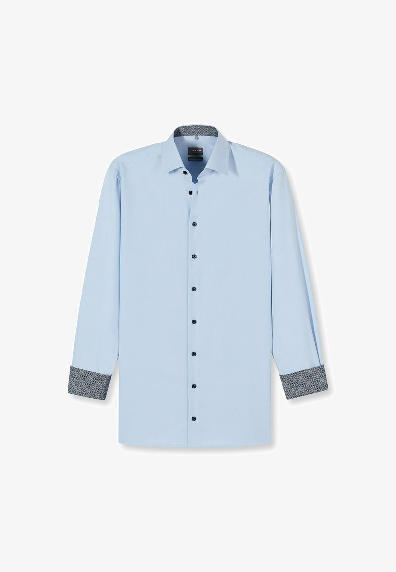 Light blue long-sleeve shirt with a classic collar, black buttons, and patterned dark cuffs. Smooth fabric with tailored design.