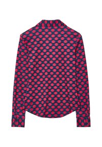 Long-sleeve shirt featuring a navy background with large red polka dots. Classic collar and buttoned cuffs, silk-like texture.