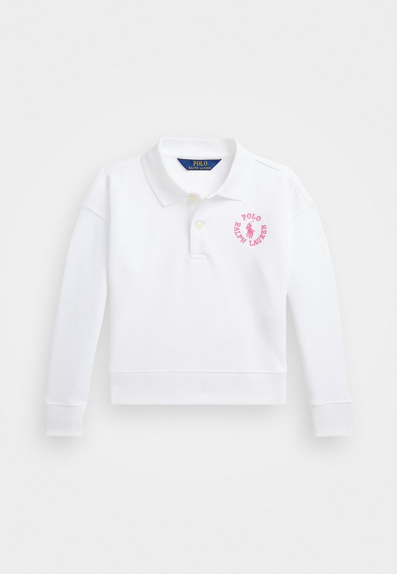 Valge pika varrukaga polo särk, mis on valmistatud puuvillast, vasakul rinnaosal on roosa broderi logo ning varrukate ja ääre servad on soonikud.