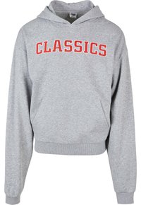 Grijze hoodie van een katoenmix. Voorzien van een kangoeroezak aan de voorkant, geribbelde zoom en manchetten, met het woord "CLASSICS" in dikke rode letters.