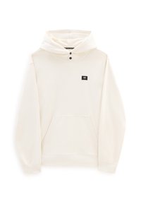 White hoodie with a soft texture, featuring a front pocket, adjustable drawstring hood, and a small black logo patch on the chest.