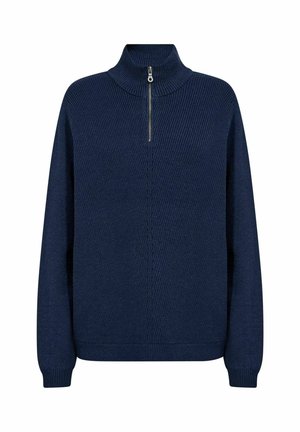 Tamsiai mėlynas megztinis su aukštu kaklu, pusiau užtrauktuku, ribota tekstūra ir ilgomis rankovėmis. Turtingas vertikalios siūlės raštas.