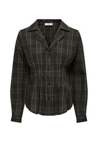 Chemise à carreaux noir et vert avec une coupe structurée, boutons sur le devant, manches longues et col plié. Plis verticaux à la taille.