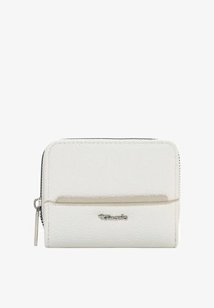 Portefeuille en cuir blanc avec finition texturée, fermeture éclair, poche avant et quincaillerie ton argent. Design rectangulaire compact, détails minimalistes.