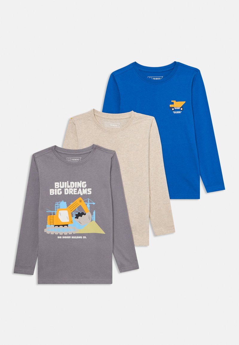 Tričko s dlhým rukávom: šedé s konštrukčnou grafikou, béžové a modré s malým dizajnom nákladiaka. Vyrobené z mäkkej tkaniny.
