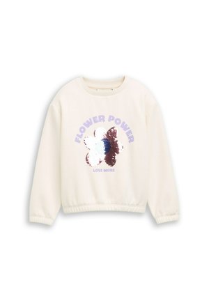 Cream sweatshirt with a large sequined flower design and the phrases "FLOWER POWER" and "LOVE MORE" in purple text.