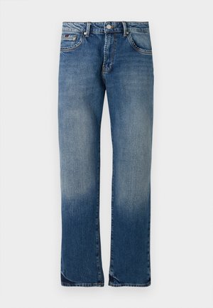 Blaue Jeans aus Denim mit geradem Bein, verblasster Optik, Knopfverschluss und Fünf-Taschen-Design. Genähte Details in kontrastierender Farbe.