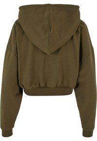 Cropped hooded sweatshirt in olive green. Features a soft texture, long sleeves, and a ribbed hem. Smooth material with a casual design.