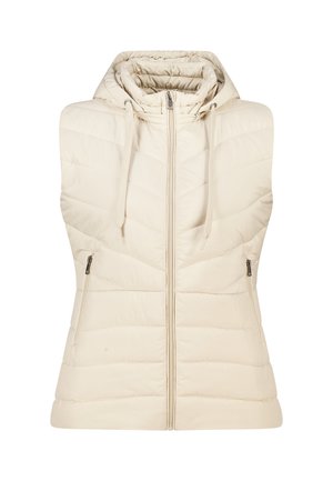 Veste sans manches matelassée en beige avec un col montant, fermeture éclair à l'avant et poches latérales, présentant une texture douce et lisse ainsi qu'une capuche avec cordon de serrage.