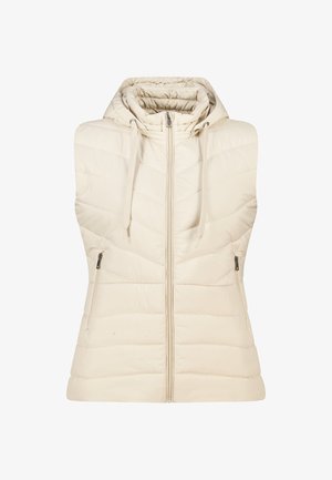 Veste sans manches matelassée en beige avec un col montant, fermeture éclair à l'avant et poches latérales, présentant une texture douce et lisse ainsi qu'une capuche avec cordon de serrage.
