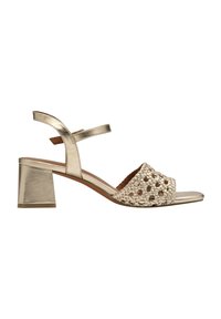 Sandal con tacco dorato e design superiore intrecciato. Tacco a blocco spesso, stile aperto davanti, con una sottile cinturino alla caviglia per il supporto.