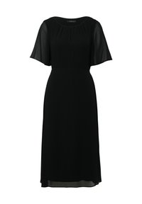 Abito nero con maniche corte in tulle fluido, scollatura rotonda e gonna fluente fino al ginocchio. Realizzato in tessuto leggero con una consistenza morbida.
