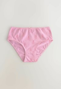 Culotte en coton rose clair avec un motif répété de chaussons de ballet, une taille élastique douce et des détails festonnés le long des bords.