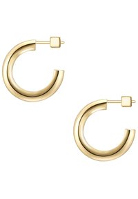 Zlato obarvane uhane v obliki obroča s krožno zasnovo, ki vsebuje gladko površino in kvadratno zaponko.