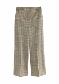 Pantalons larges en tissu texturé. Présente un motif �à carreaux dans des tons de marron, vert et crème. Comprend une poche latérale et une taille lisse.