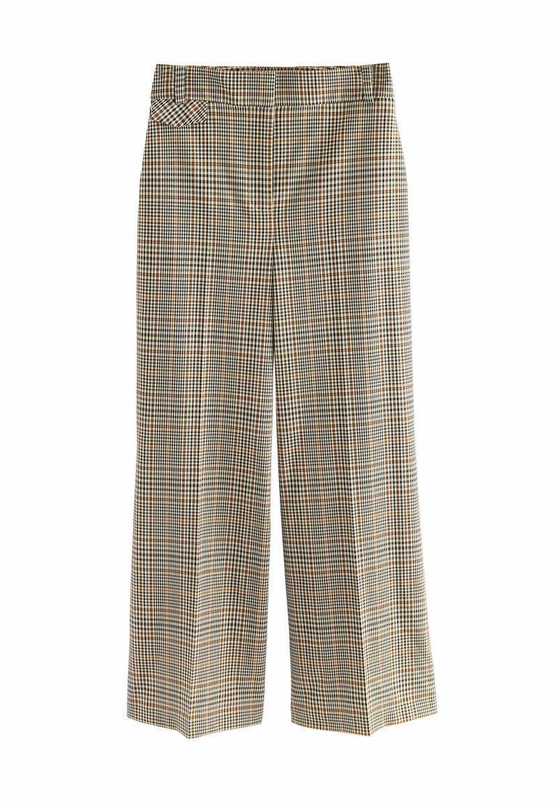 Pantalons larges en tissu texturé. Présente un motif à carreaux dans des tons de marron, vert et crème. Comprend une poche latérale et une taille lisse.