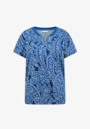 Maglietta blu a maniche corte con scollo a V, motivi floreali paisley bianchi intricati e etichetta del marchio "CECIL" all'interno della scollatura.