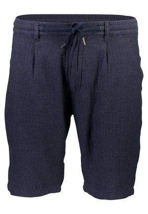 Bermudas de padrão herringbone em azul-marinho, com cintura elástica, cordão ajustável e pregas; fabricadas em tecido leve.