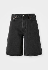 Black denim shorts with a high waist, featuring five pockets, copper rivets, and a dark wash texture. Straight leg cut with a clean hem.