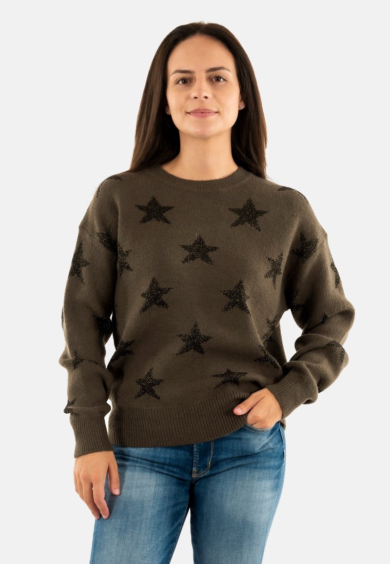 Maglione verde oliva con motivi a stella nera glitterati, scollo rotondo e polsini e orlo a coste. Tessuto morbido, vestibilità comoda.