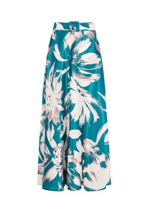 Floraal maxi-rok in teal satijn met grote witte en roze bloemenpatronen. Voorzien van een brede riem en een losse A-lijn pasvorm, met een gladde textuur.