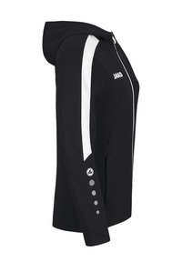 Giacca sportiva nera con zip, dettagli bianchi sulle maniche, tasche laterali e cinque piccoli bottoni decorativi sulla manica sinistra.